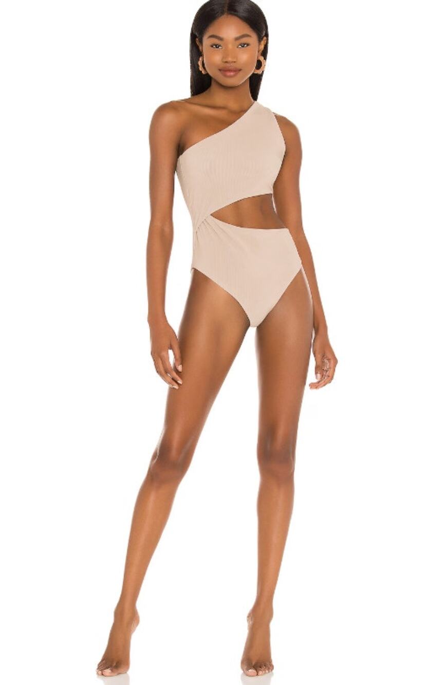 BEACH RIOT Women's Celine One Piece Swimsuit Medium Tan Cut Out One Shoulder NWT